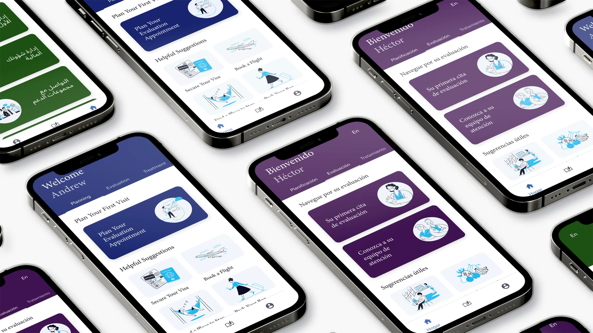 An isometric view of app screens in multiple languages